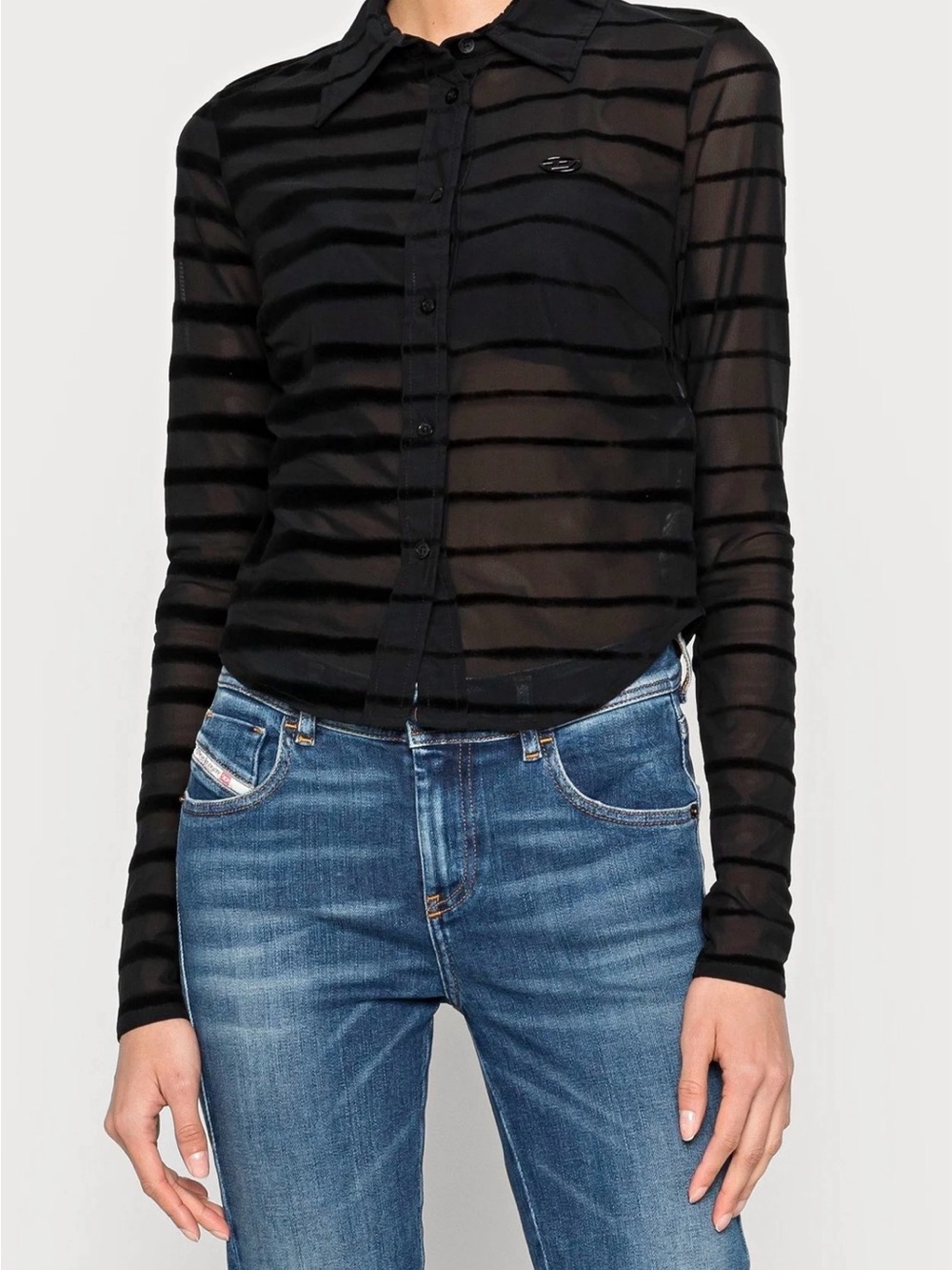 Women’s Diesel Black Sheer Velvet Striped Button-Down Shirt Size Small
